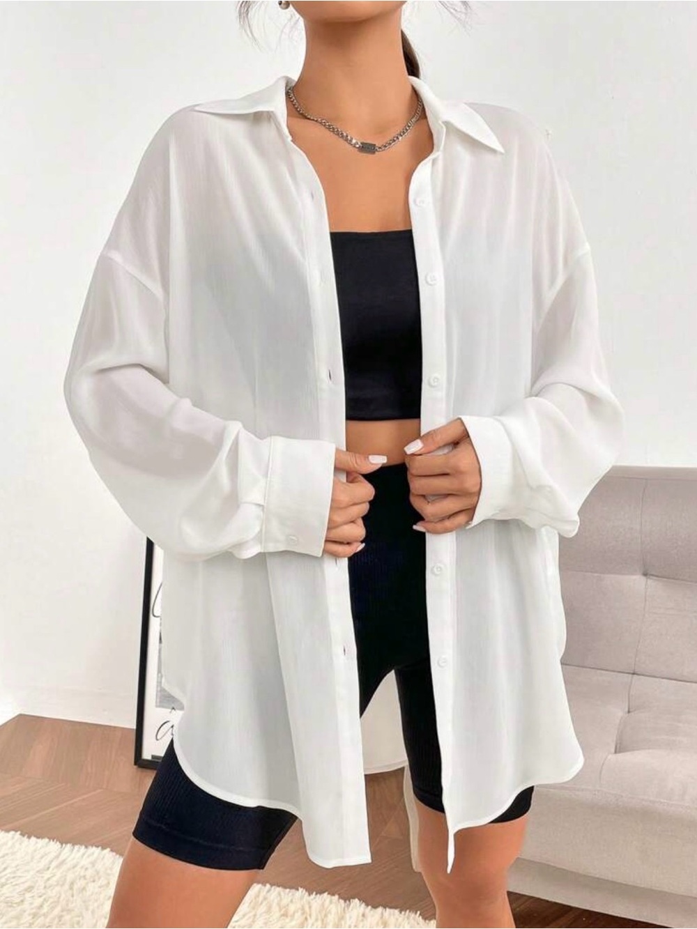 SHEIN Oversized Women’s White Casual Button-Up Shirt